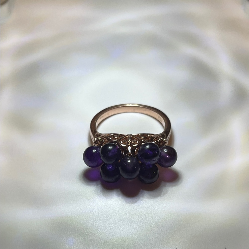 Vintage Natural Amethyst Cabochon Cluster Ring | Ornate Scroll Setting